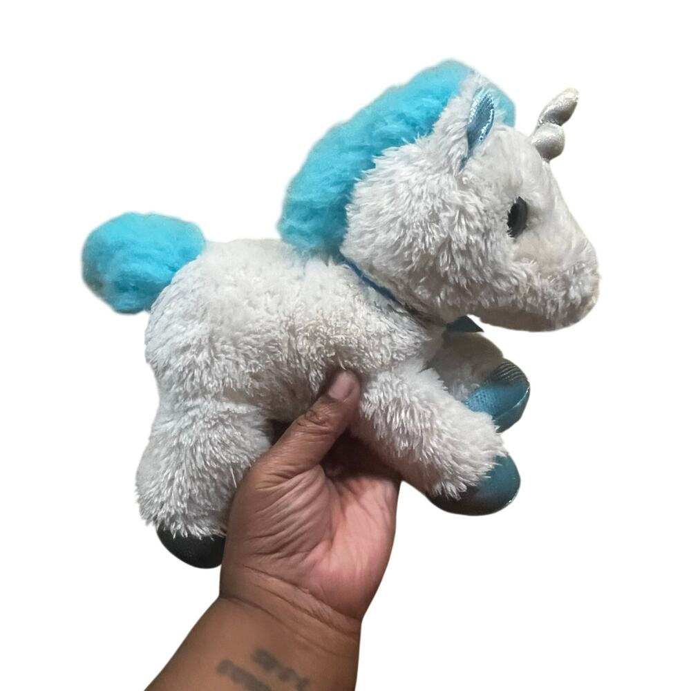 2018 Aurora White Unicorn Plush Blue Mane Tail Sparkle‎ Hooves Bow 14” Stuffed